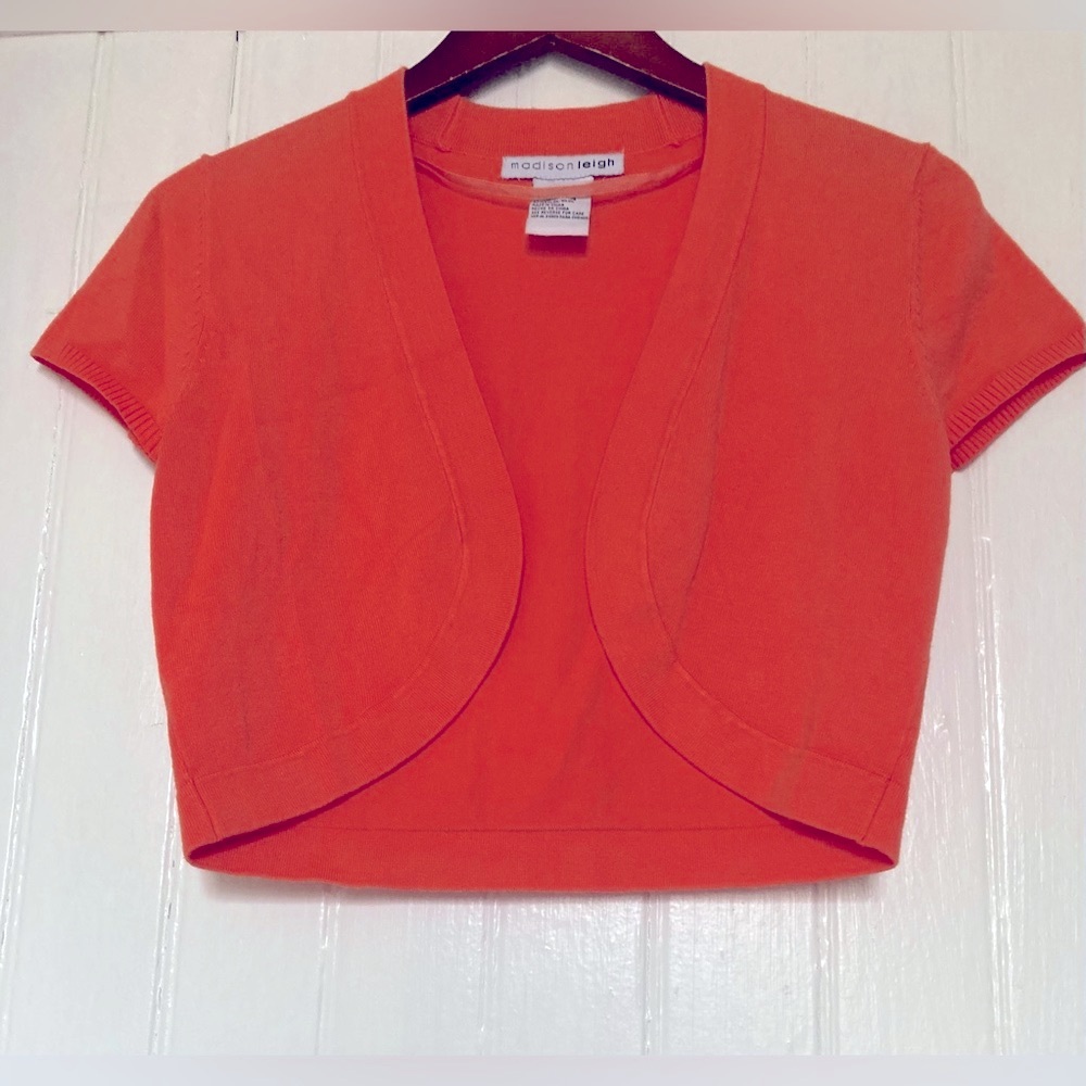 *3 for $20* Knit Shrug, Coral, Cropped, Banded Sleeves/Hem, Sz 8.